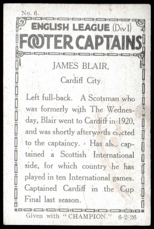 Amalgamated Press - 'English League Footer Captains' (1926) - J. Blair (Cardiff City) Amalgamated Press - 'English League Footer Captains' (1926) - J. Blair (Cardiff City)