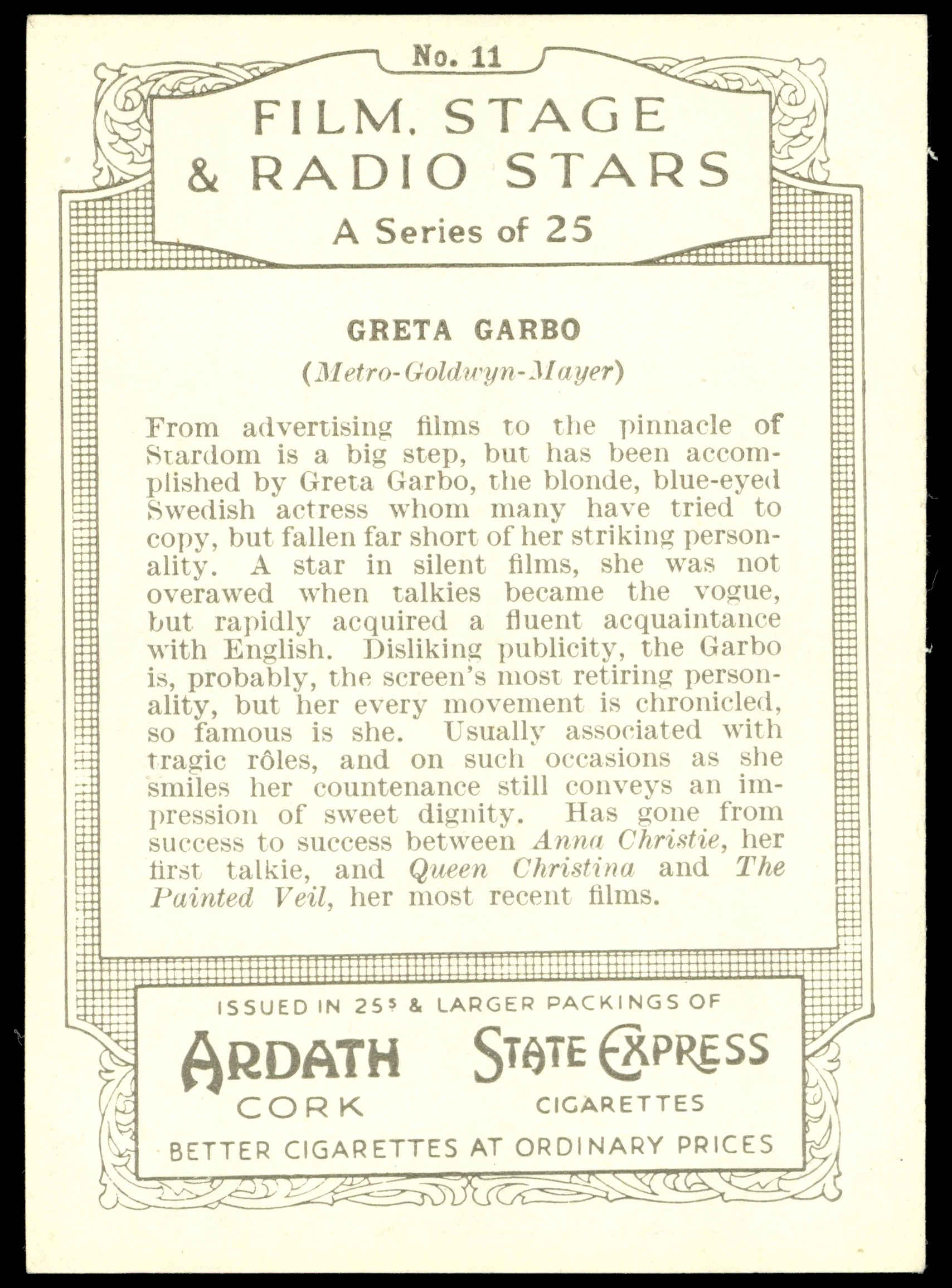 Ardath - 'Film Stage & Radio Stars (L)' - Greta Garbo (1935) Ardath - 'Film Stage & Radio Stars (L)' - Greta Garbo (1935)