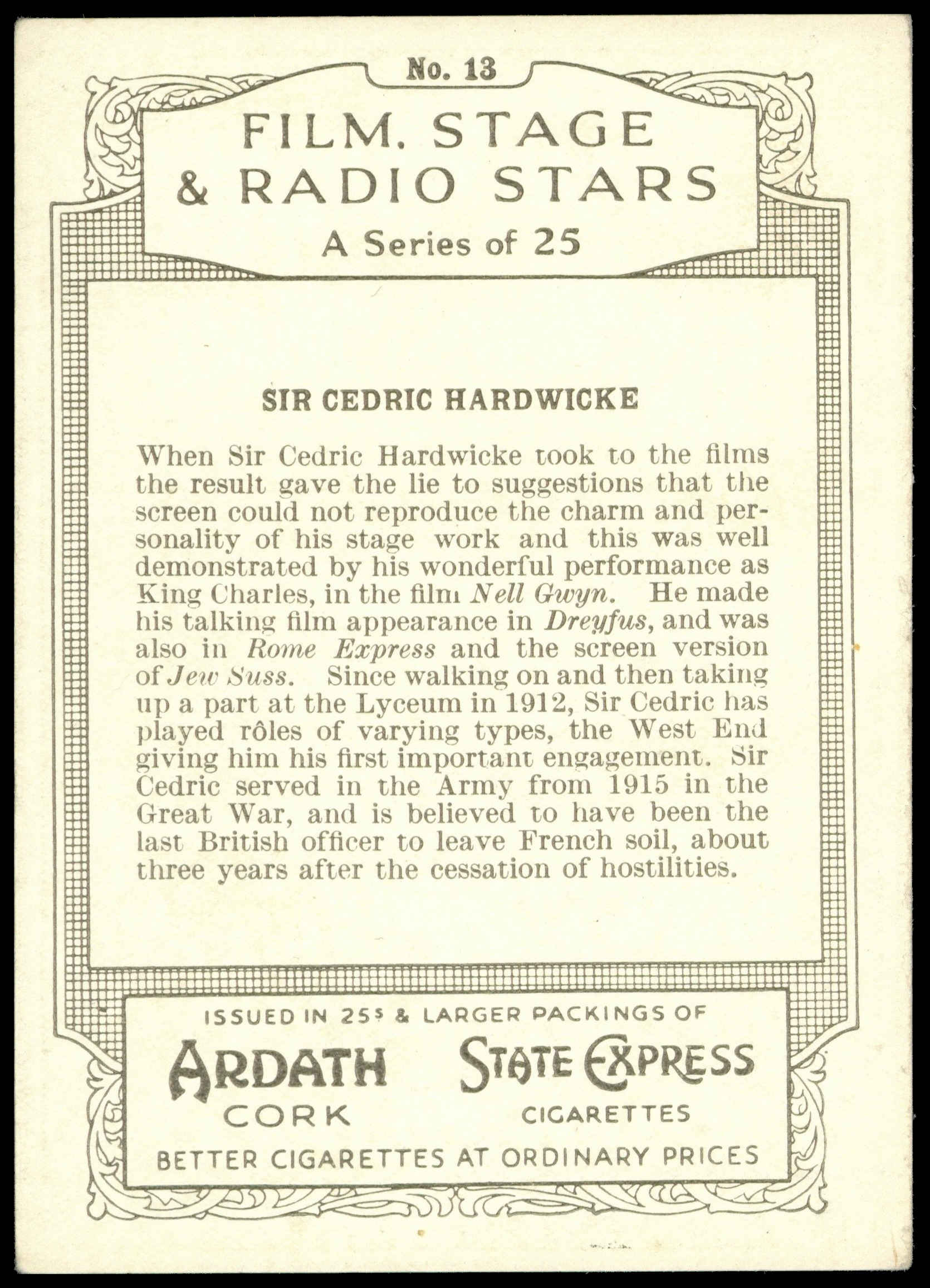 Ardath - 'Film Stage & Radio Stars (L)' - Sir Cedric Hardwicke (1935) Ardath - 'Film Stage & Radio Stars (L)' - Sir Cedric Hardwicke (1935)