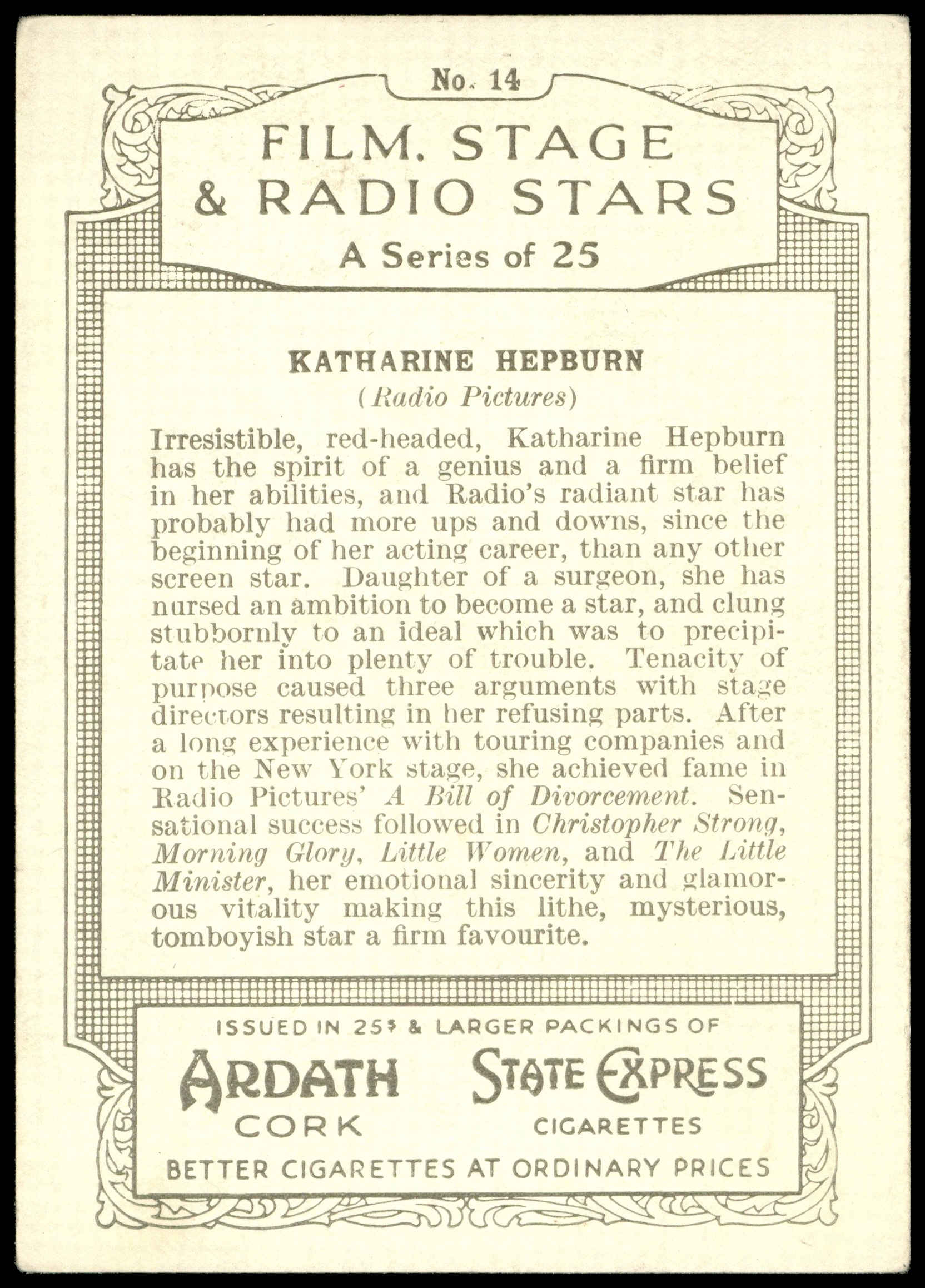 Ardath - 'Film Stage & Radio Stars (L)' - Katherine Hepburn (1935) Ardath - 'Film Stage & Radio Stars (L)' - Katherine Hepburn (1935)