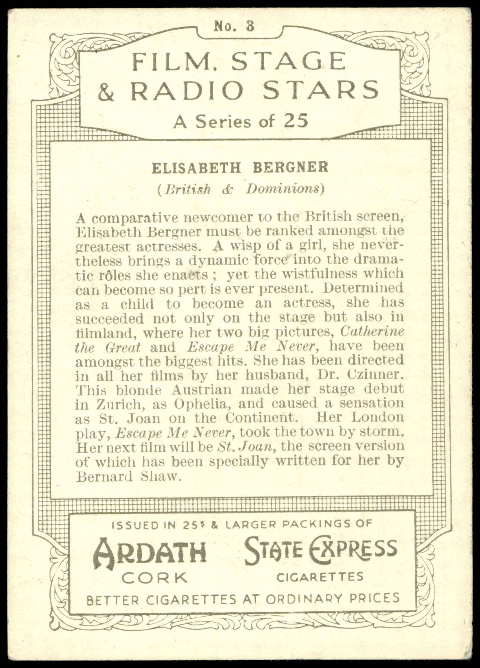 Ardath - 'Film Stage & Radio Stars (L)' - Elisabeth Bergner (1935) Ardath - 'Film Stage & Radio Stars (L)' - Elisabeth Bergner (1935)