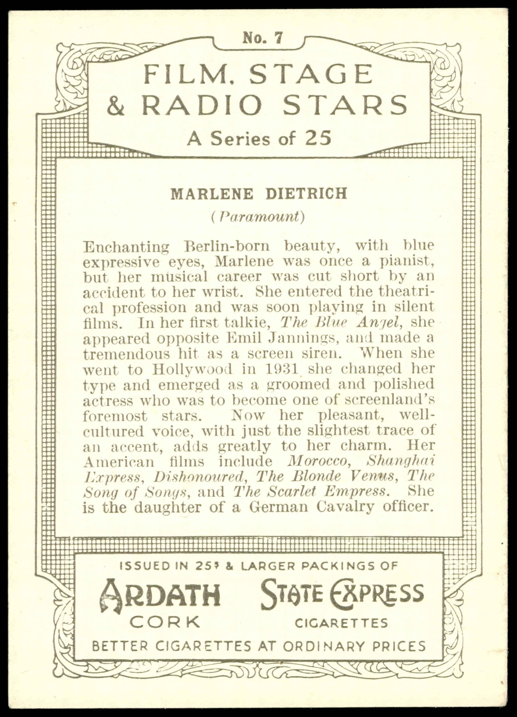 Ardath - 'Film Stage & Radio Stars (L)' - Marlene Dietrich (1935) Ardath - 'Film Stage & Radio Stars (L)' - Marlene Dietrich (1935)