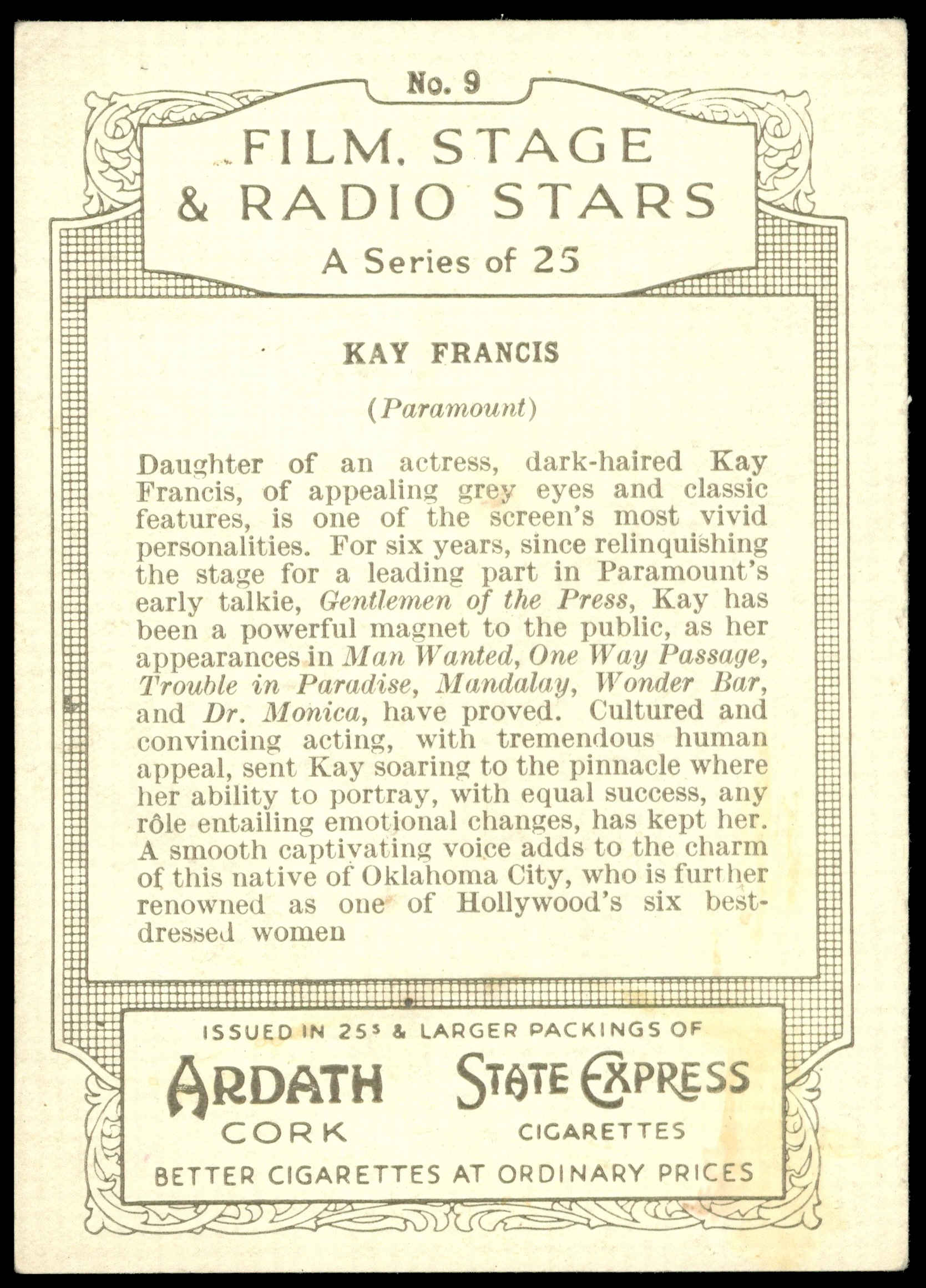 Ardath - 'Film Stage & Radio Stars (L)' - Kay Francis (1935) Ardath - 'Film Stage & Radio Stars (L)' - Kay Francis (1935)