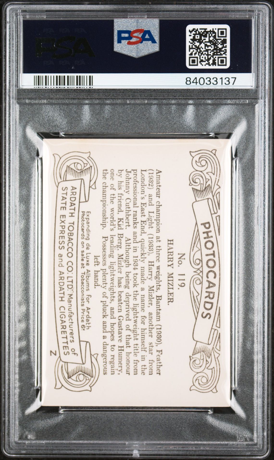 Ardath - 'Photocards Group Z -Sports' (1936) - Harry Mizler (Boxing) **PSA6** Ardath - 'Photocards Group Z -Sports' (1936) - Harry Mizler (Boxing) **PSA6**
