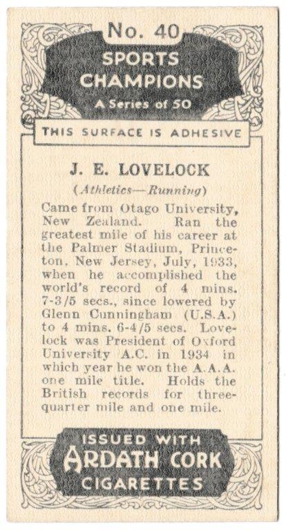 Ardath - 'Sports Champions' (1935) - J.E. Lovelock (Running) Ardath - 'Sports Champions' (1935) - J.E. Lovelock (Running)