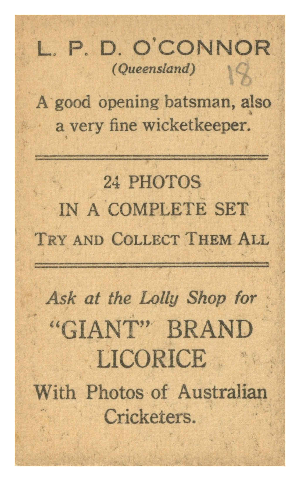 Australian Licorice - 'Australian Cricketers (1930)' (1930) - L. O'Connor Australian Licorice - 'Australian Cricketers (1930)' (1930) - L. O'Connor
