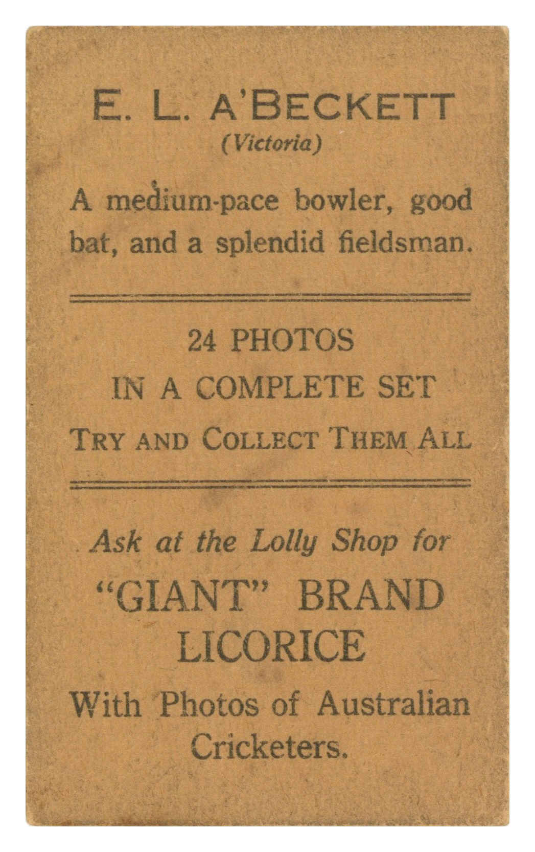 Australian Licorice - 'Australian Cricketers (1930)' (1930) - E. A'Beckett Australian Licorice - 'Australian Cricketers (1930)' (1930) - E. A'Beckett