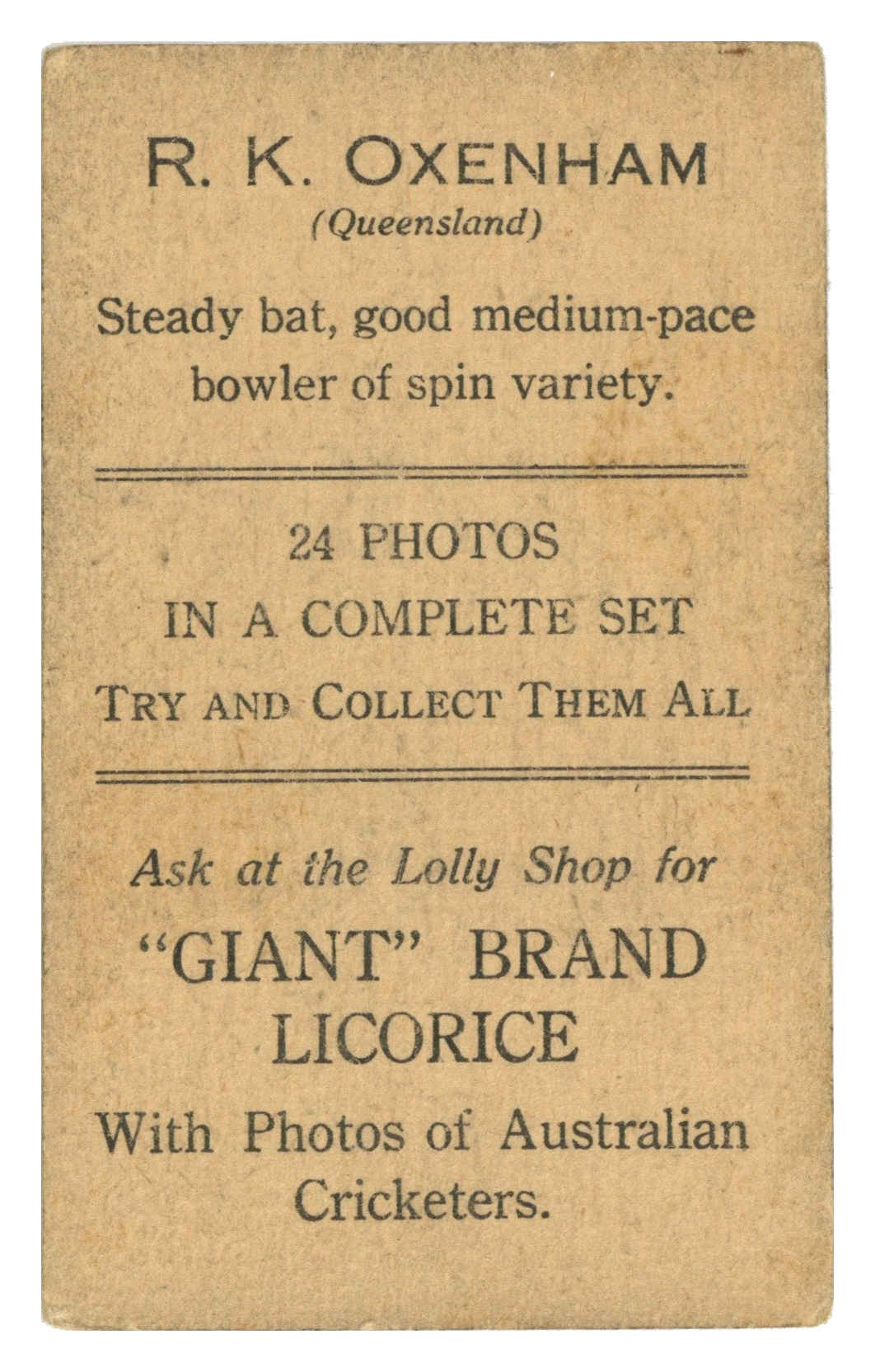 Australian Licorice - 'Australian Cricketers (1930)' (1930) - R. Oxenham Australian Licorice - 'Australian Cricketers (1930)' (1930) - R. Oxenham