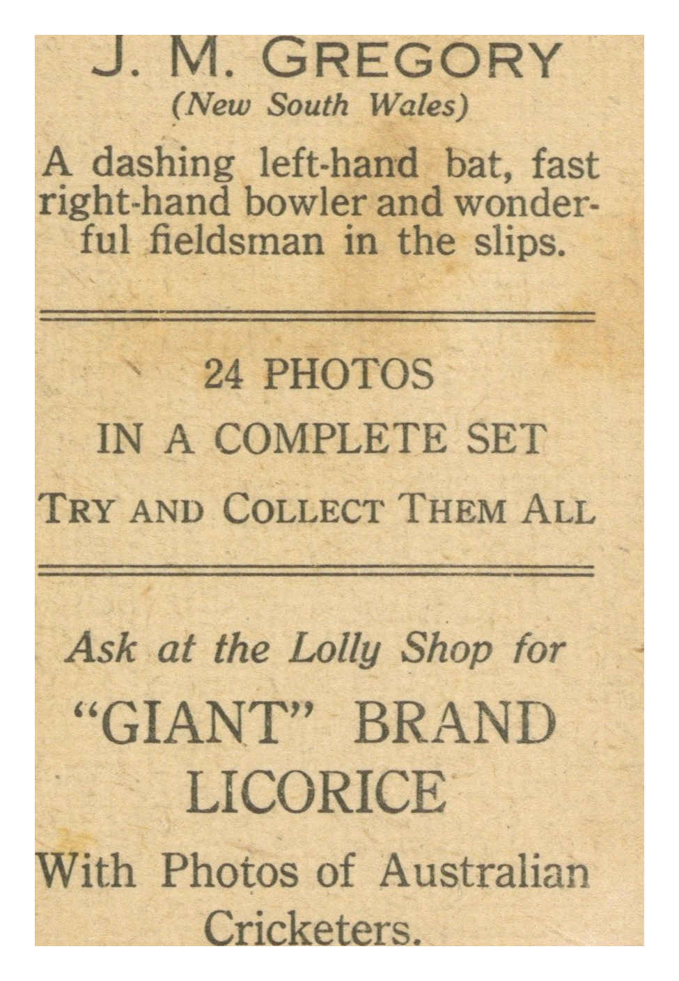 Australian Licorice - 'Australian Cricketers (1930)' (1930) - J. Gregory Australian Licorice - 'Australian Cricketers (1930)' (1930) - J. Gregory