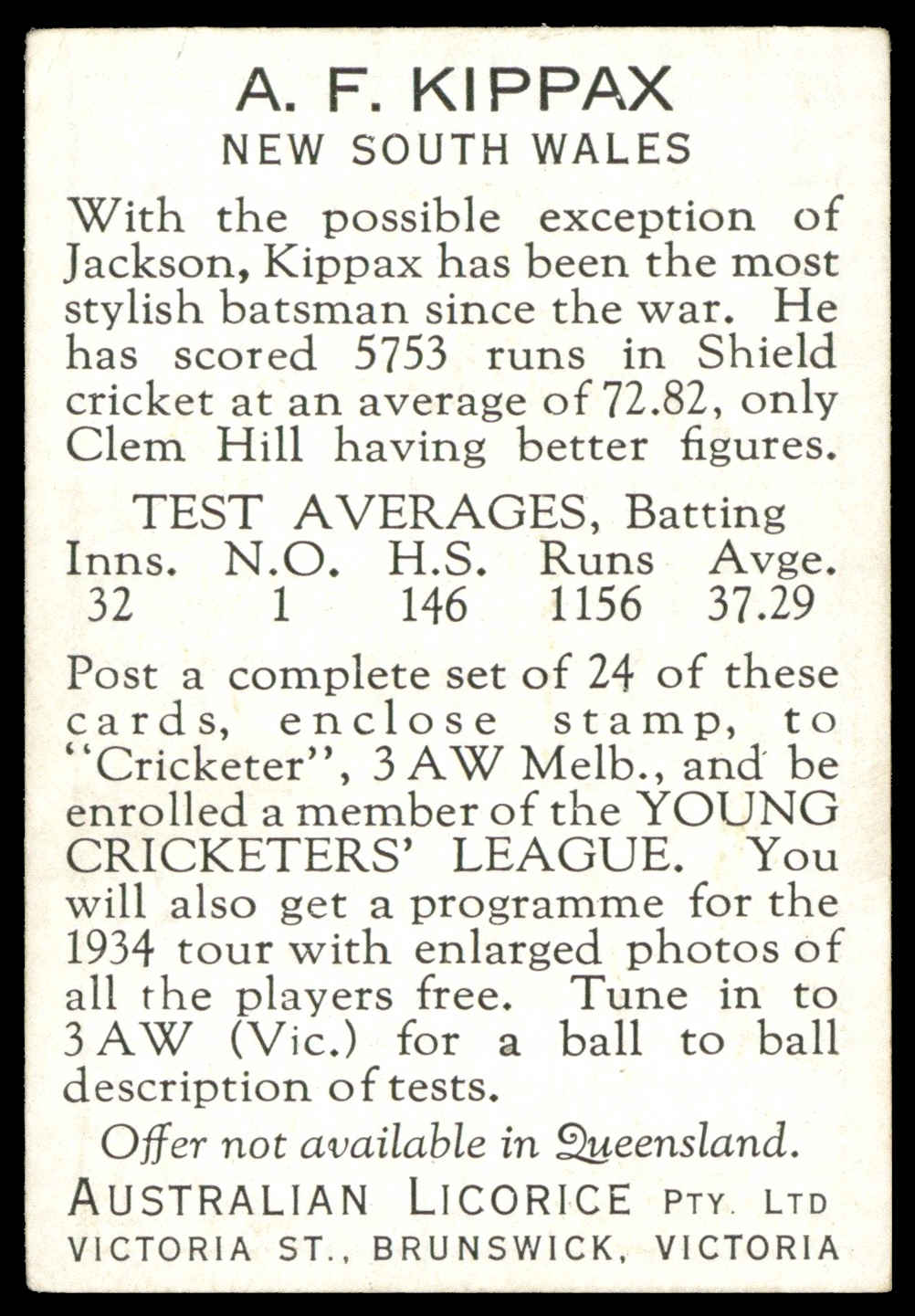 Australian Licorice - 'Cricketers (Flesh Tint/Young Cricketers)' (1934) - A.F. Kippax (New South Wales) Australian Licorice - 'Cricketers (Flesh Tint/Young Cricketers)' (1934) - A.F. Kippax (New South Wales)