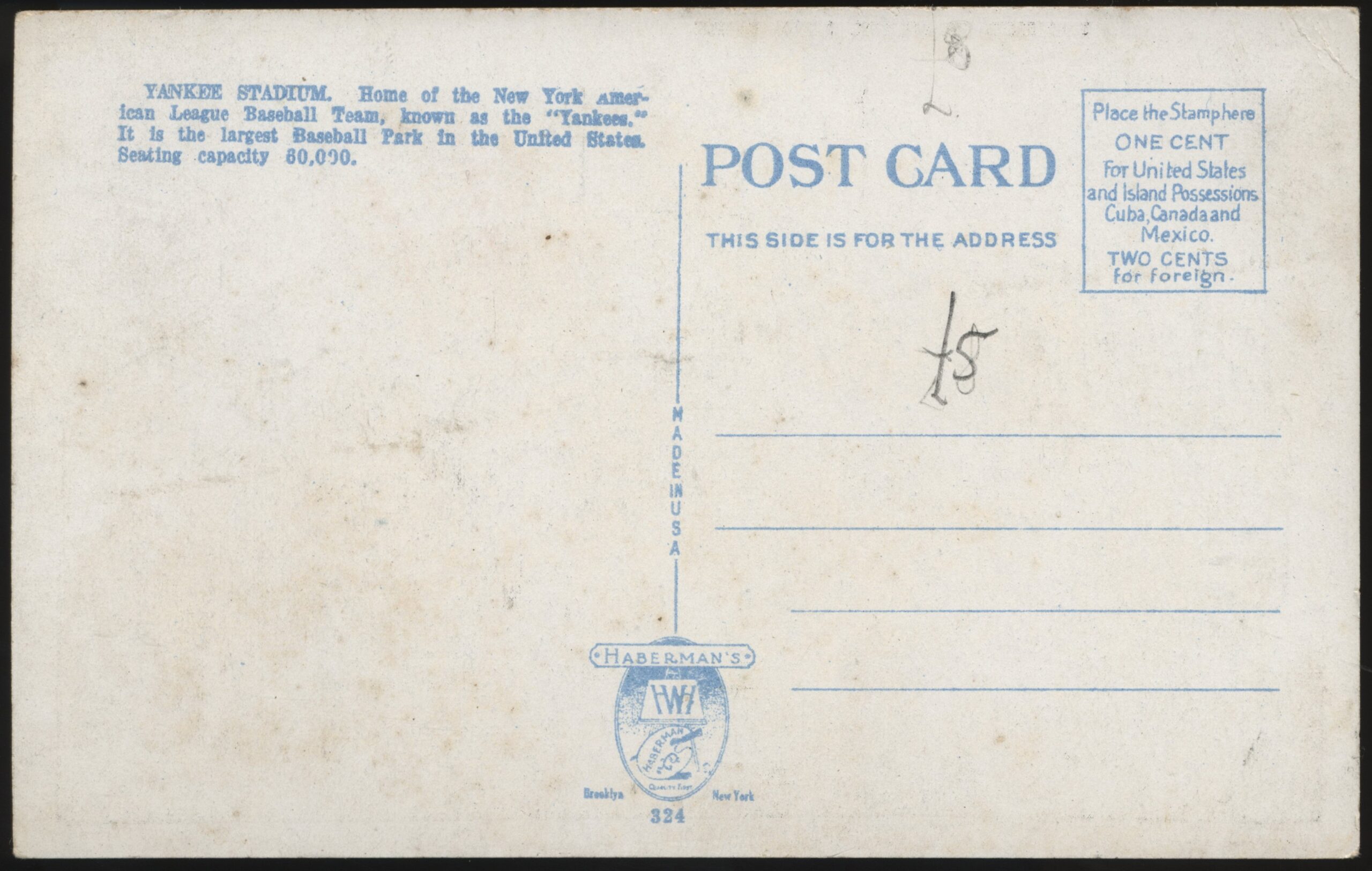 Haberman's - 'Yankee Stadium New York' (1920's) - Unused Baseball Postcard Haberman's - 'Yankee Stadium New York' (1920's) - Unused Baseball Postcard