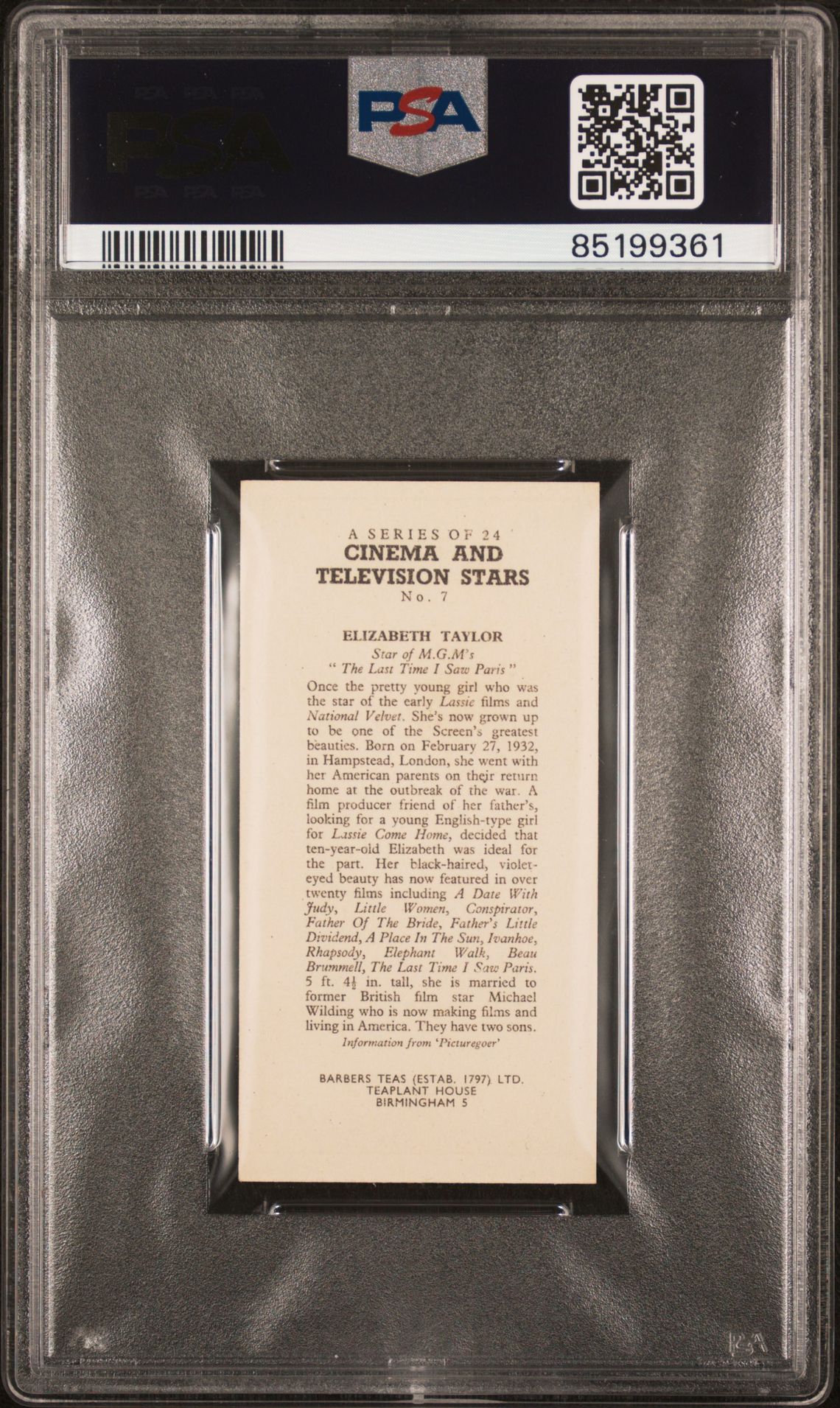Barbers Tea - 'Cinema and Television Stars' (1955) - Elizabeth Taylor **PSA7** Barbers Tea - 'Cinema and Television Stars' (1955) - Elizabeth Taylor **PSA7**