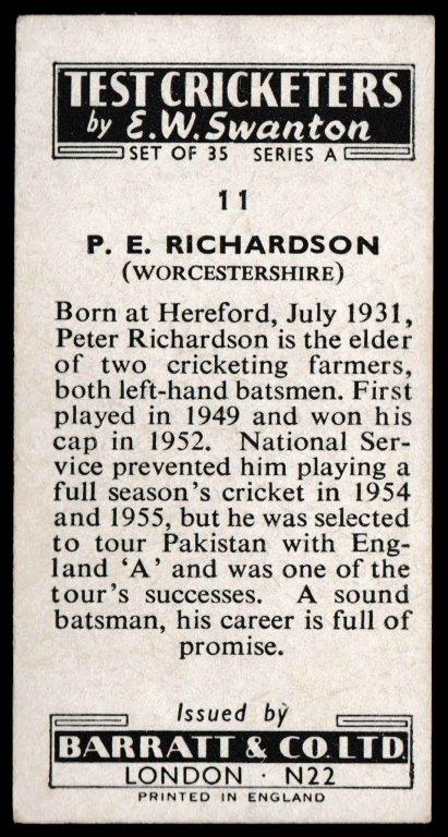 Barratt & Co - 'Test Cricketers by E.W. Swanston' (1956) - P.E. Richardson (Worcs) Barratt & Co - 'Test Cricketers by E.W. Swanston' (1956) - P.E. Richardson (Worcs)