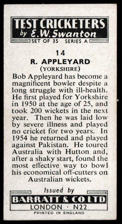 Barratt & Co - 'Test Cricketers by E.W. Swanston' (1956) - R. Appleyard (Yorkshire) Barratt & Co - 'Test Cricketers by E.W. Swanston' (1956) - R. Appleyard (Yorkshire)