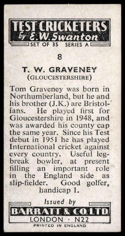 Barratt & Co - 'Test Cricketers by E.W. Swanston' (1956) - T.W. Graveney (Glocs) Barratt & Co - 'Test Cricketers by E.W. Swanston' (1956) - T.W. Graveney (Glocs)