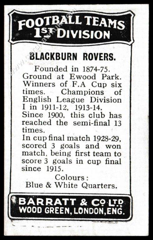 Barratt - 'Football Teams 1st Division' (c1930) - Blackburn Rovers - Rankin/Healless/Hutton/Bourton Barratt - 'Football Teams 1st Division' (c1930) - Blackburn Rovers - Rankin/Healless/Hutton/Bourton