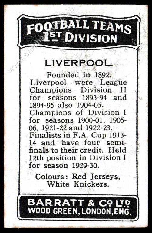 Barratt - 'Football Teams 1st Division' (c1930) - Liverpool - Bradshaw/Hodgson/Jackson/Smith Barratt - 'Football Teams 1st Division' (c1930) - Liverpool - Bradshaw/Hodgson/Jackson/Smith