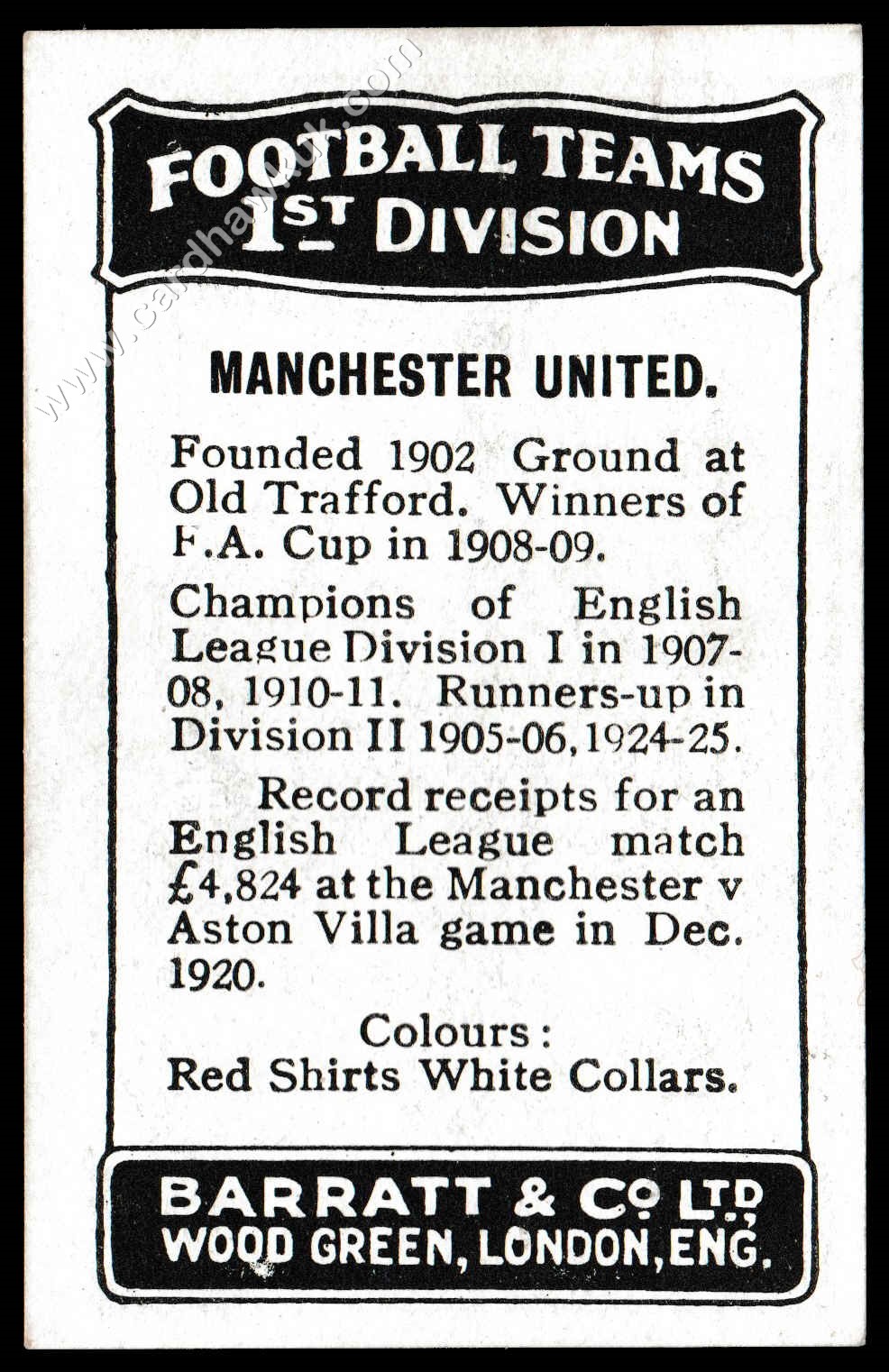 Barratt - 'Football Teams 1st Division' (c1930) - Man Utd - Warburton/Rowley/Reid/McLenahan Barratt - 'Football Teams 1st Division' (c1930) - Man Utd - Warburton/Rowley/Reid/McLenahan