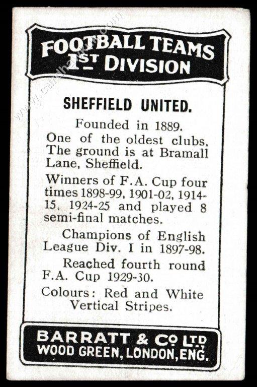 Barratt - 'Football Teams 1st Division' (c1930) - Sheffield Utd - Dunne/Harrison/Tunstall/Sampy Barratt - 'Football Teams 1st Division' (c1930) - Sheffield Utd - Dunne/Harrison/Tunstall/Sampy