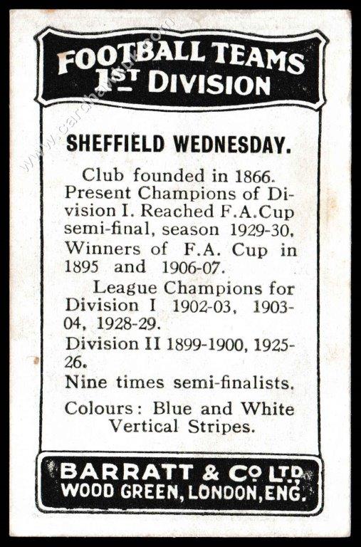 Barratt - 'Football Teams 1st Division' (c1930) - Sheffield Weds - Brown/Wilson/Smith/Allen Barratt - 'Football Teams 1st Division' (c1930) - Sheffield Weds - Brown/Wilson/Smith/Allen