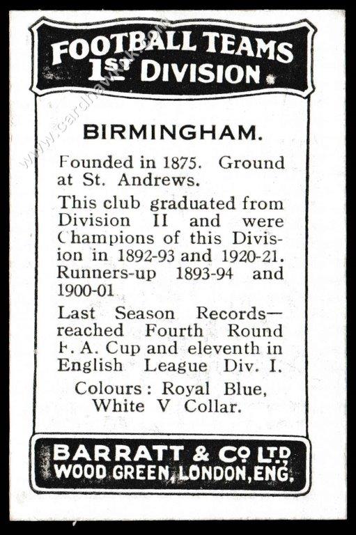 Barratt - 'Football Teams 1st Division' (c1930) - Birmingham - Hibbs/Curtis/Bradford/Morral Barratt - 'Football Teams 1st Division' (c1930) - Birmingham - Hibbs/Curtis/Bradford/Morral