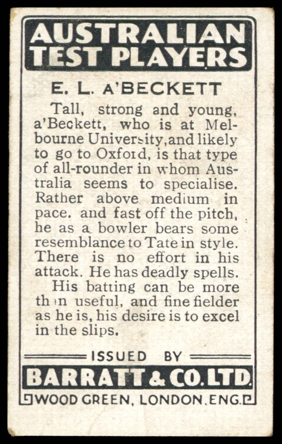 Barratt - 'Australian Test Players' - E.L. a.Beckett (Victoria) (1930) Barratt - 'Australian Test Players' - E.L. a.Beckett (Victoria) (1930)