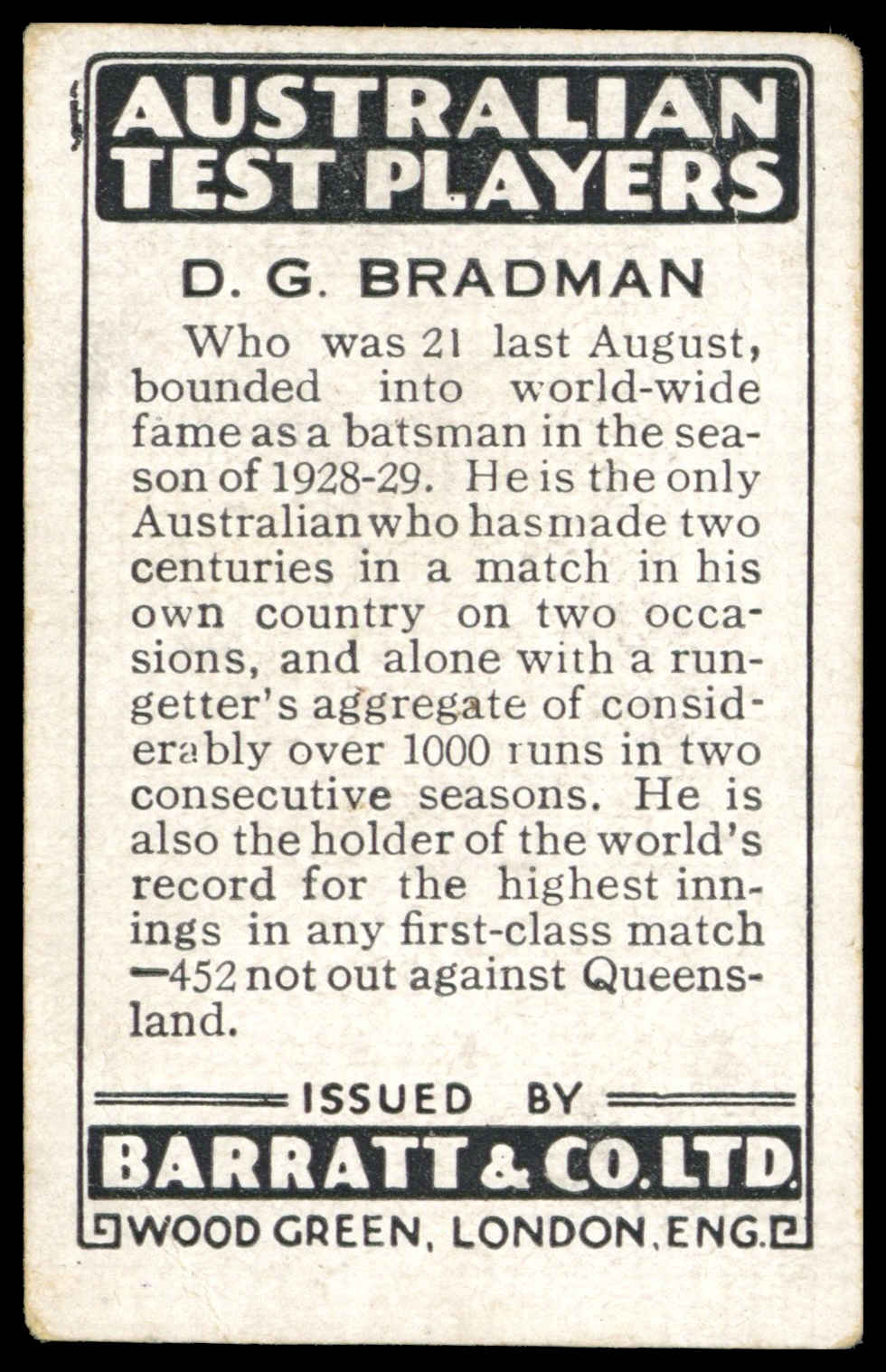 Barratt - 'Australian Test Players' (1930) - D.G. Bradman (New South Wales) Barratt - 'Australian Test Players' (1930) - D.G. Bradman (New South Wales)