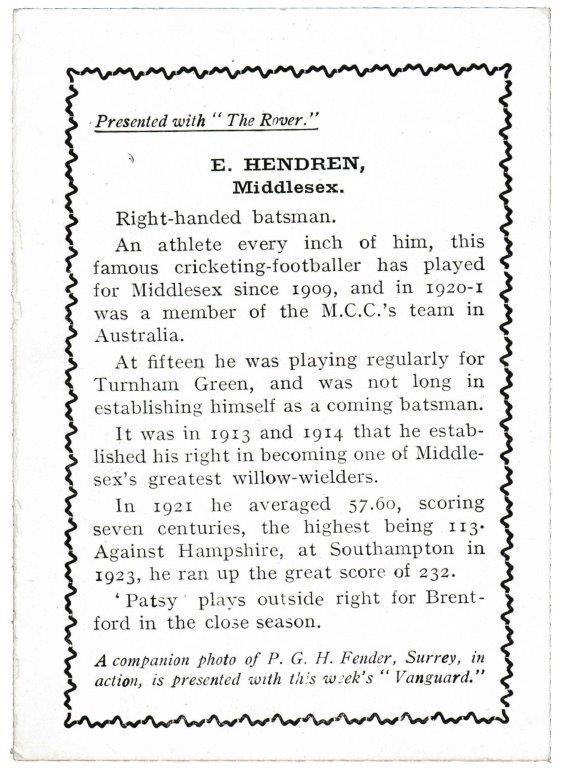 Thomson (D.C.) - 'Cricketers (Rover - EL)' - P. Hendren (Middlesex) Thomson (D.C.) - 'Cricketers (Rover - EL)' - P. Hendren (Middlesex)