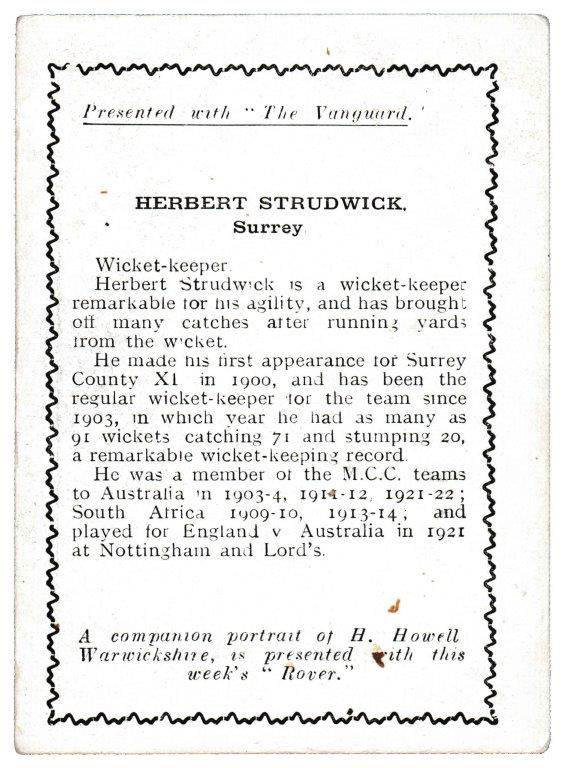 Thomson (D.C.) - 'Cricketers (Vanguard - EL)' - H. Strudwick (Surrey) Thomson (D.C.) - 'Cricketers (Vanguard - EL)' - H. Strudwick (Surrey)