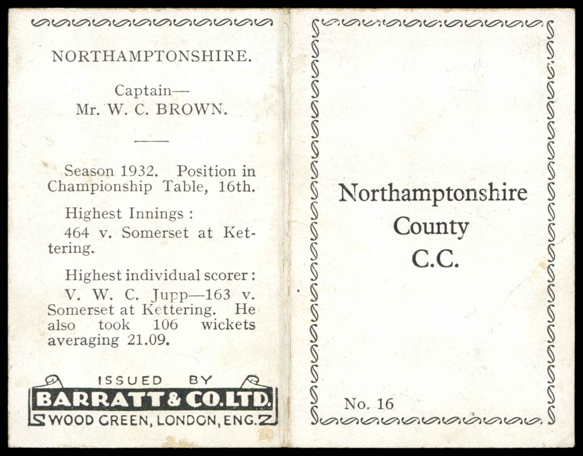 Barratt - 'Cricket Team Folders' (1933) - Northamptonshire County C.C. Barratt - 'Cricket Team Folders' (1933) - Northamptonshire County C.C.
