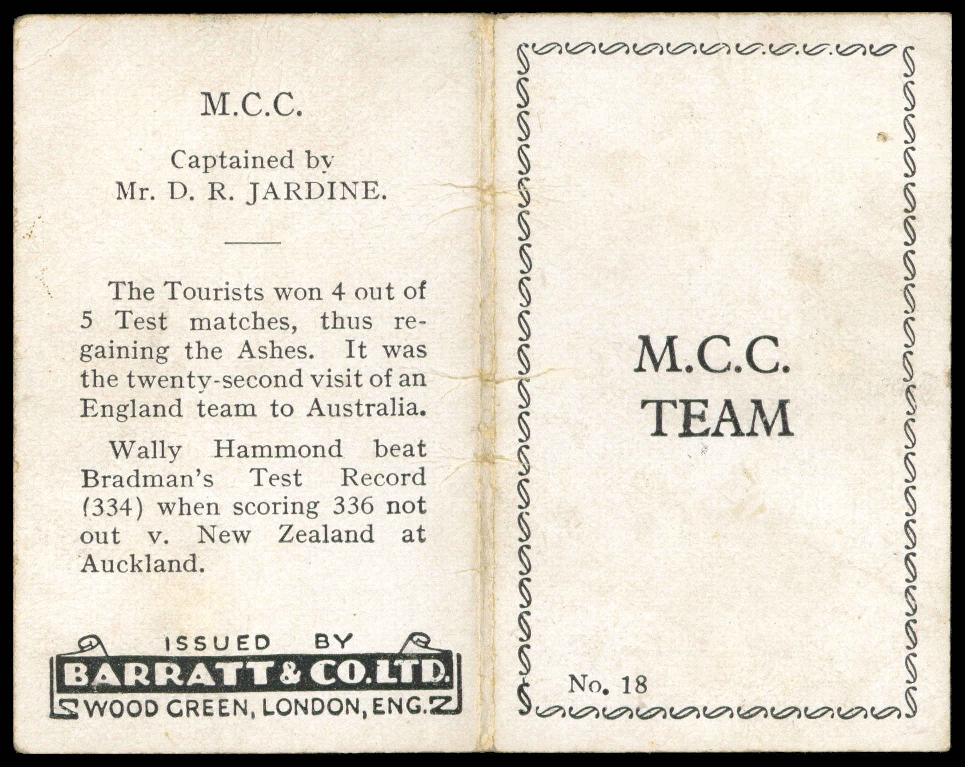 Barratt - 'Cricket Team Folders' (1933) - M.C.C. Team Barratt - 'Cricket Team Folders' (1933) - M.C.C. Team