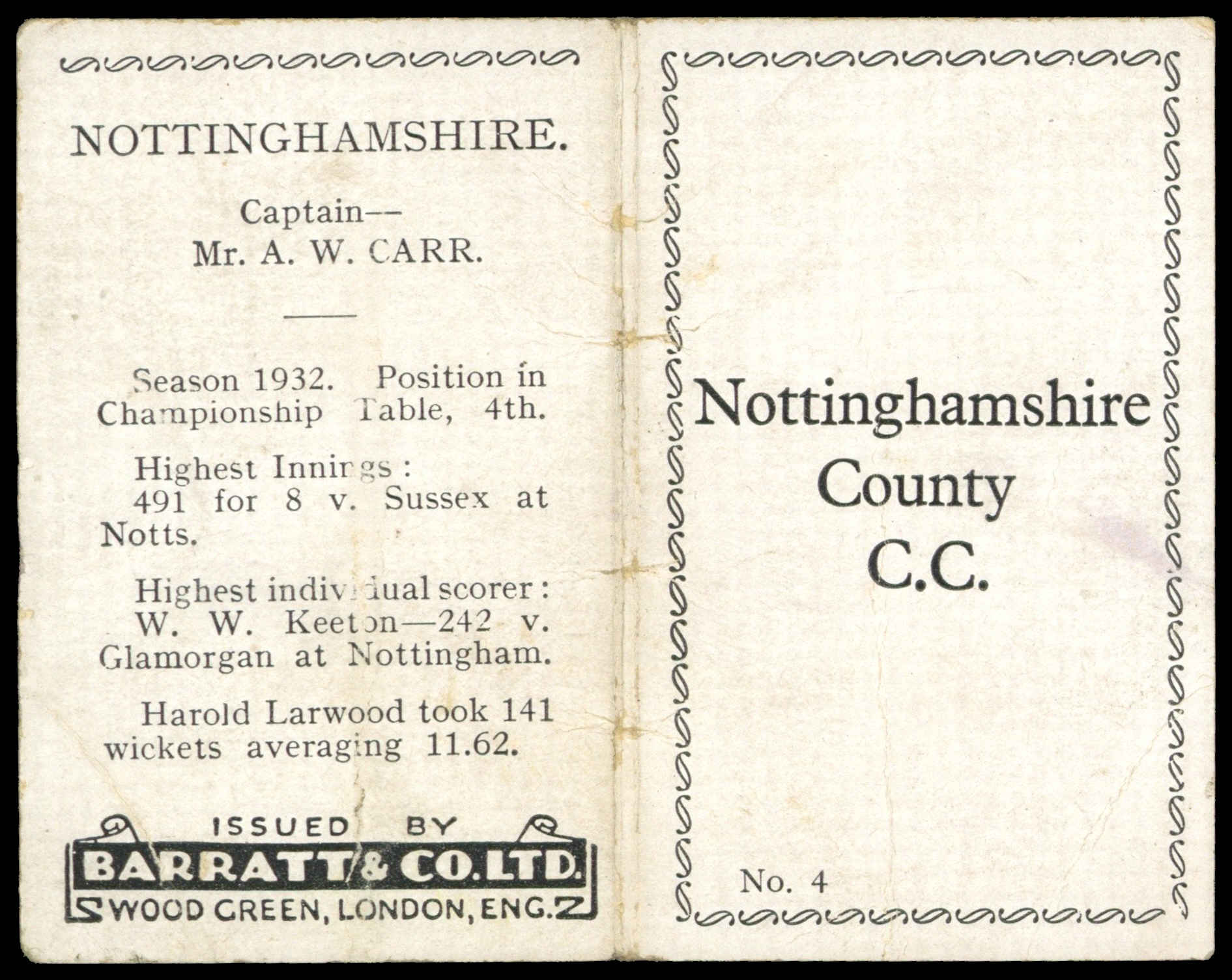 Barratt - 'Cricket Team Folders' (1933) - Nottinghamshire County C.C. Barratt - 'Cricket Team Folders' (1933) - Nottinghamshire County C.C.