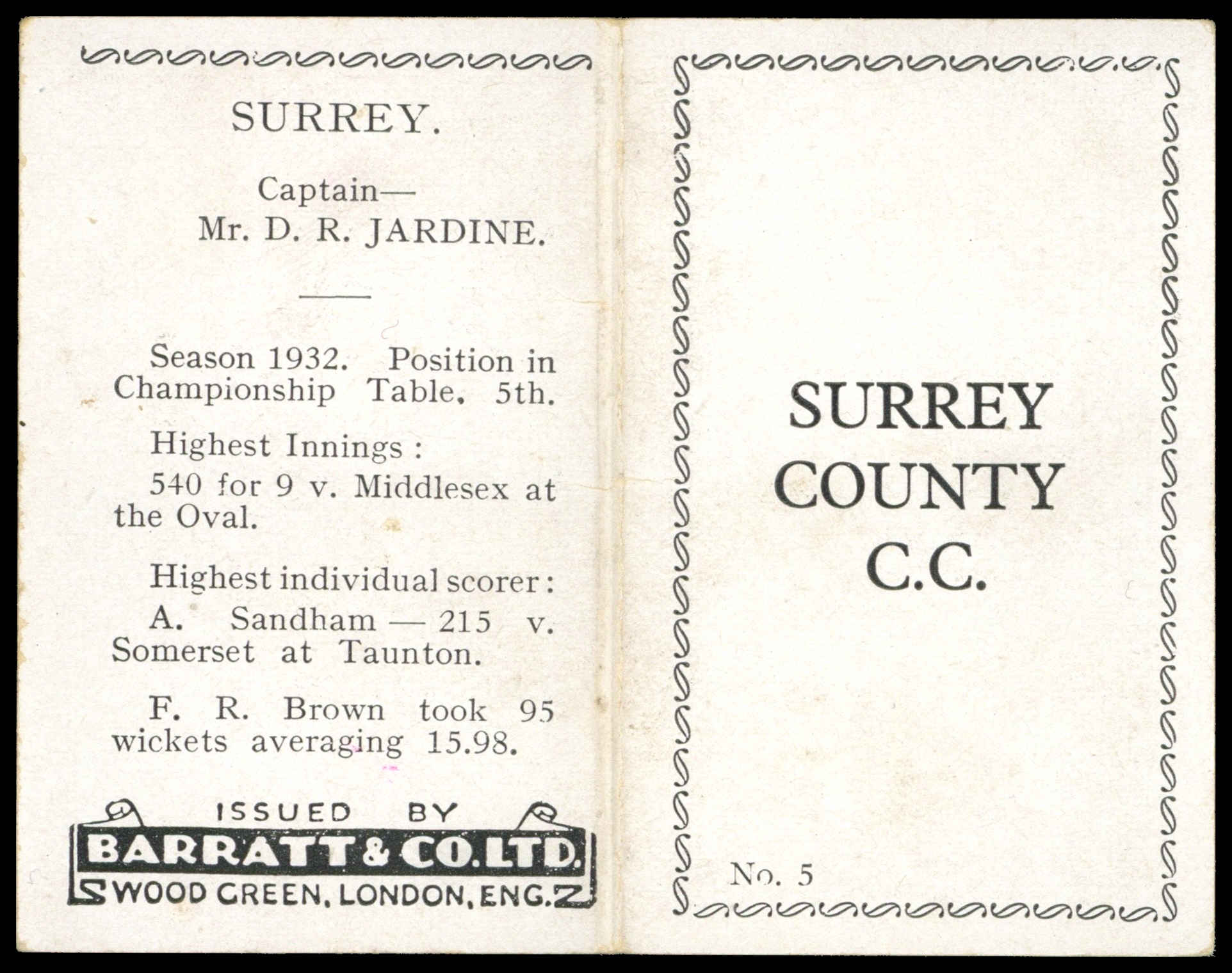 Barratt - 'Cricket Team Folders' (1933) - Surrey County C.C. Barratt - 'Cricket Team Folders' (1933) - Surrey County C.C.