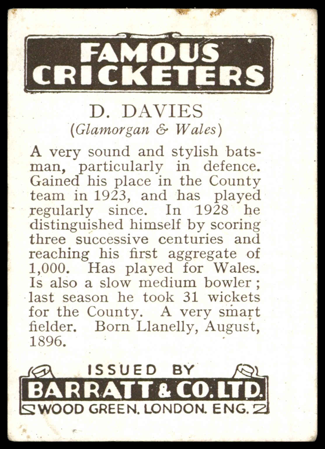 Barratt - 'Famous Cricketers (1937)' (1937) - D. Davies (Glamorgan) Barratt - 'Famous Cricketers (1937)' (1937) - D. Davies (Glamorgan)