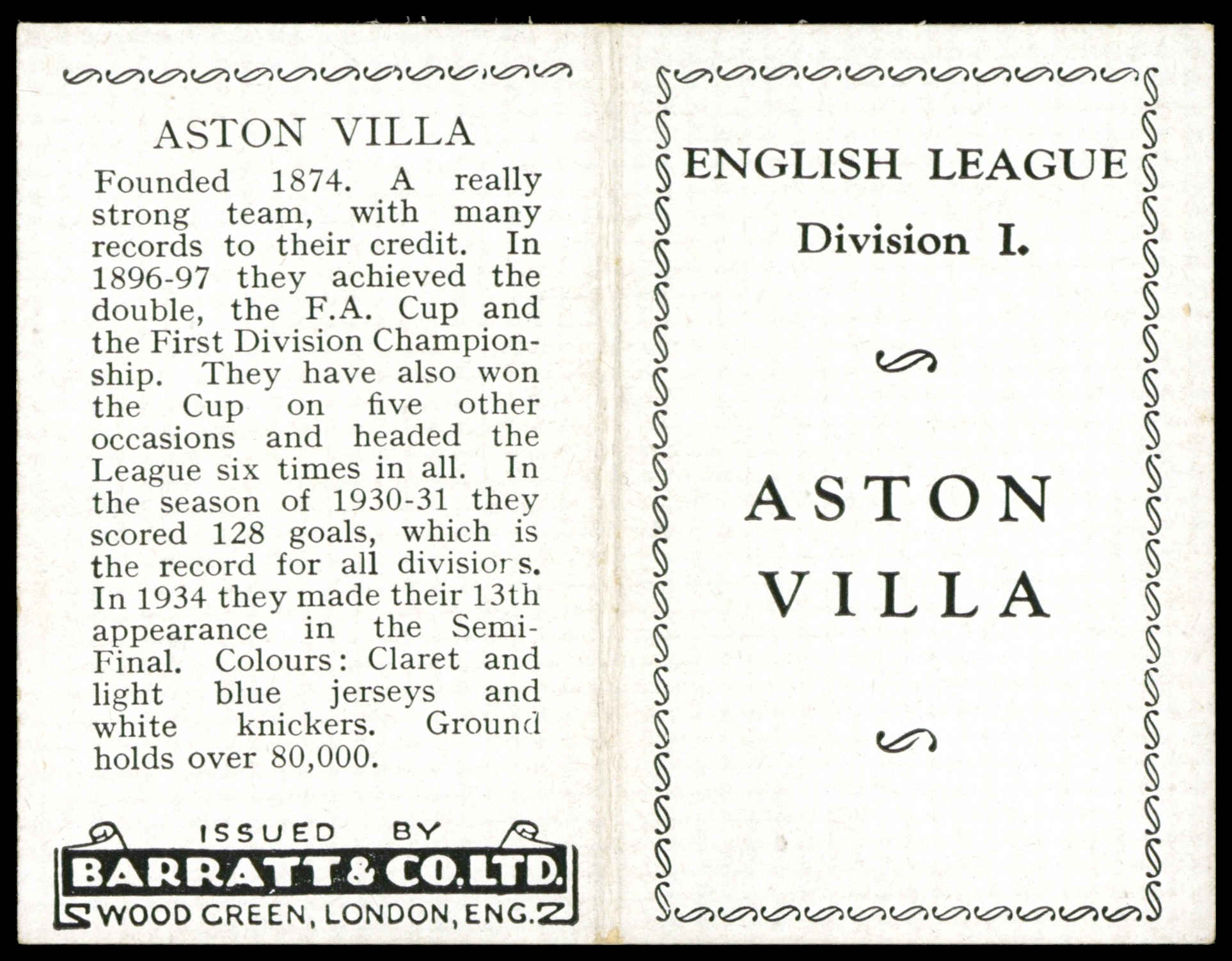 Barratt - 'English Teams Div 1 (1934)' (1934) - Aston Villa (Blair?.) Barratt - 'English Teams Div 1 (1934)' (1934) - Aston Villa (Blair?.)