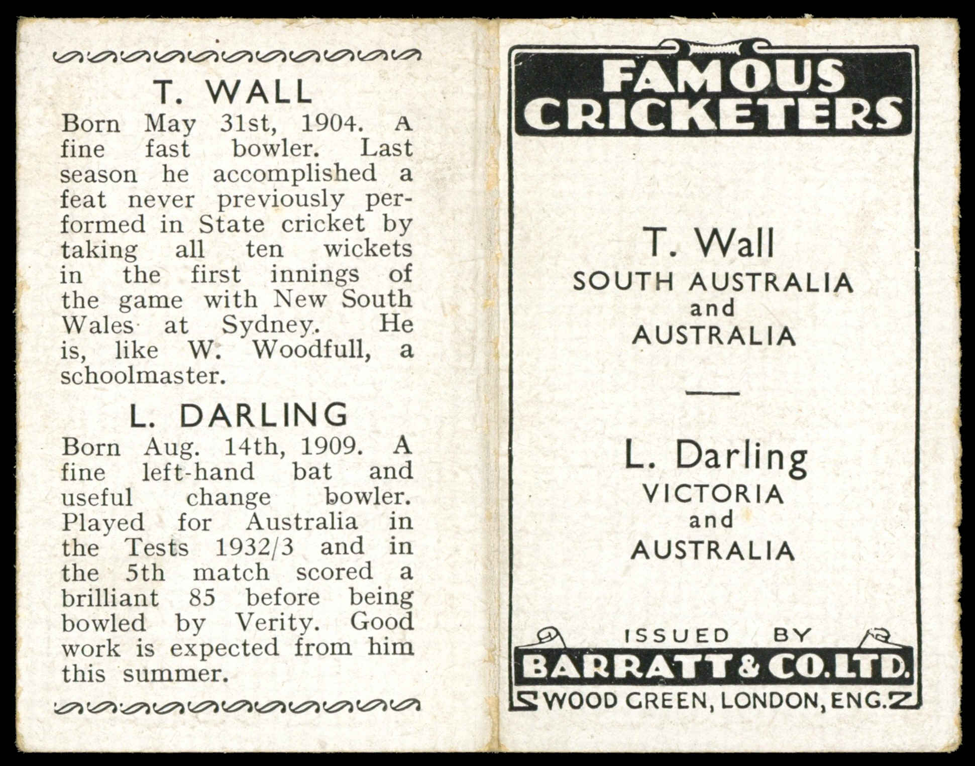 Barratt - 'Famous Cricketers 1934' (1934) - Wall & Darling Barratt - 'Famous Cricketers 1934' (1934) - Wall & Darling