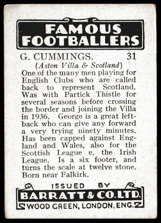 Barratt - 'Famous Footballers 1937-38' (1937) - G. Cummings (Aston Villa) Barratt - 'Famous Footballers 1937-38' (1937) - G. Cummings (Aston Villa)