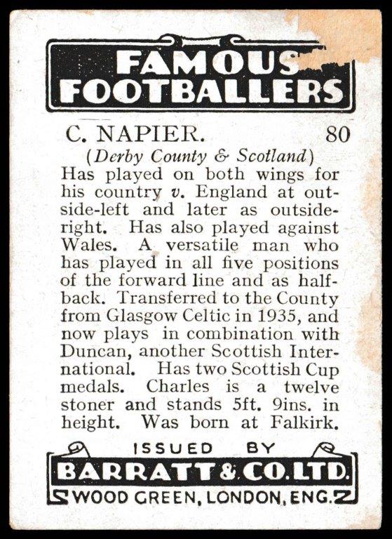 Barratt - 'Famous Footballers 1937-38' (1937) - C. Napier (Derby County) Barratt - 'Famous Footballers 1937-38' (1937) - C. Napier (Derby County)