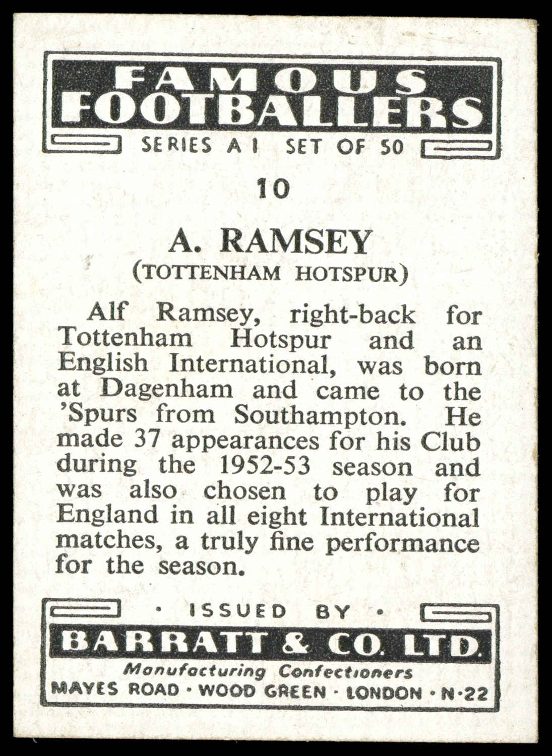 Barratt - 'Famous Footballers A.1' (1953) - A. Ramsey (Spurs) Barratt - 'Famous Footballers A.1' (1953) - A. Ramsey (Spurs)