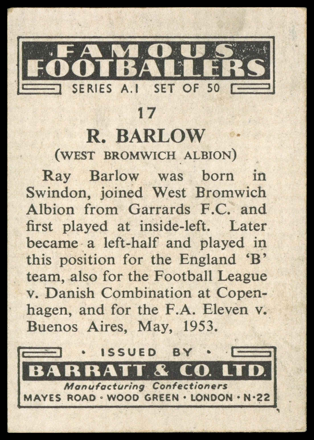 Barratt - 'Famous Footballers A.1' (1953) - R. Barlow (West Brom) Barratt - 'Famous Footballers A.1' (1953) - R. Barlow (West Brom)