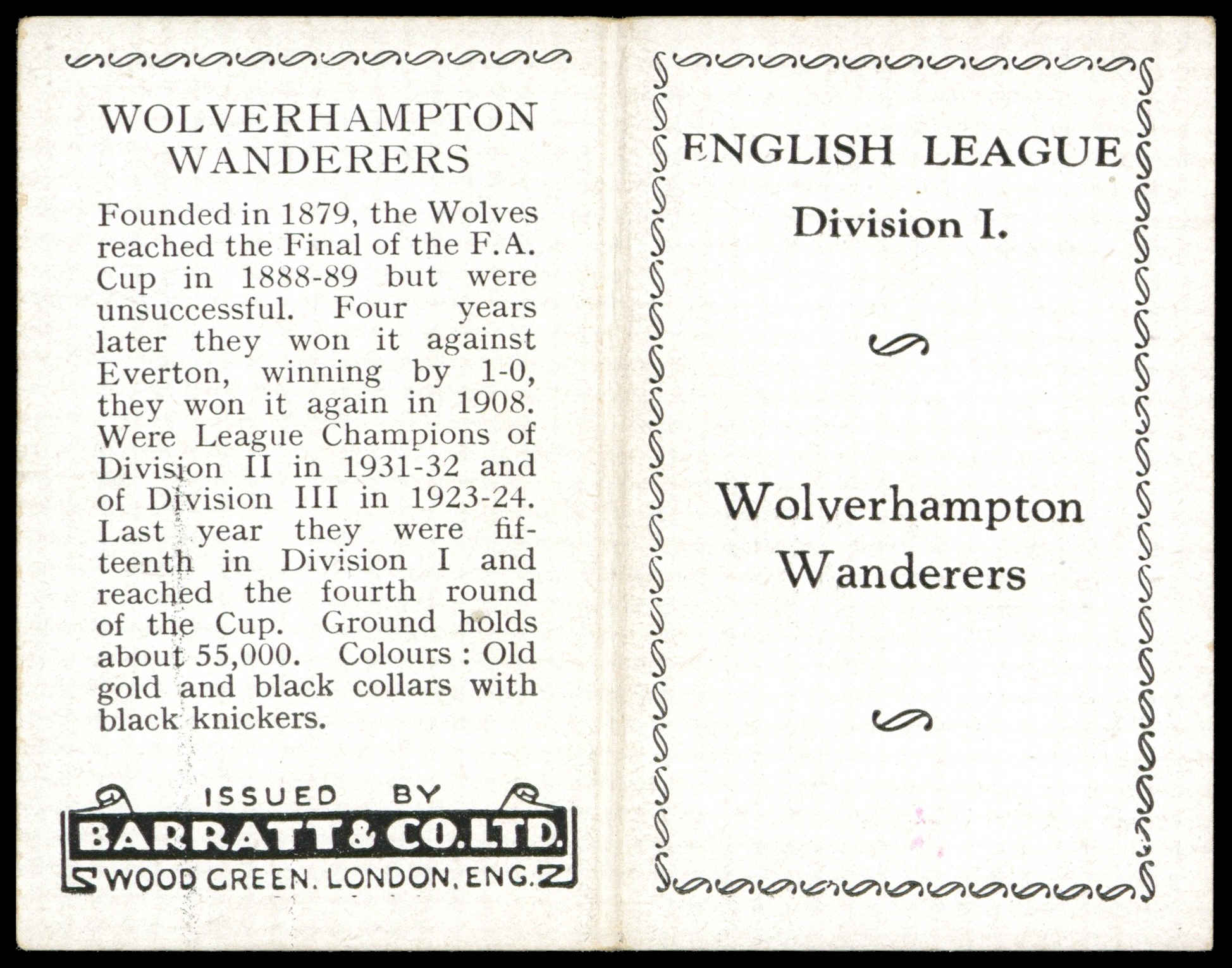 Barratt - 'English Teams Div 1 (1934)' (1934) - Wolverhampton Wanderers (Nelson, Wildman) Barratt - 'English Teams Div 1 (1934)' (1934) - Wolverhampton Wanderers (Nelson, Wildman)