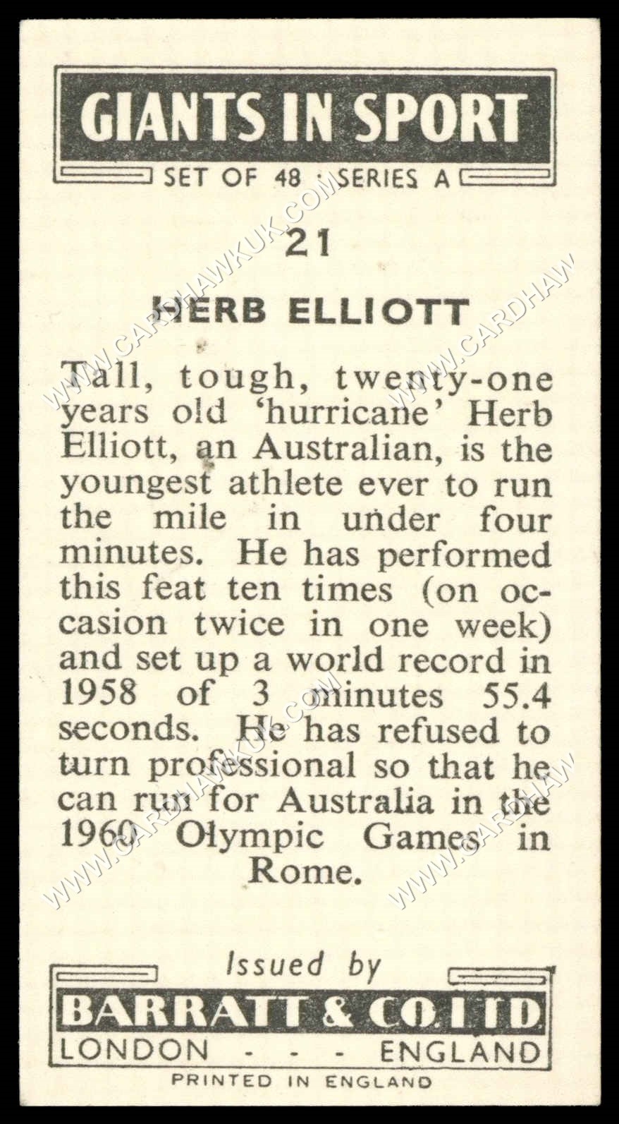 Barratt - 'Giants in Sport' #21 - Herb Elliot (Athletics) (1959) Barratt - 'Giants in Sport' #21 - Herb Elliot (Athletics) (1959)