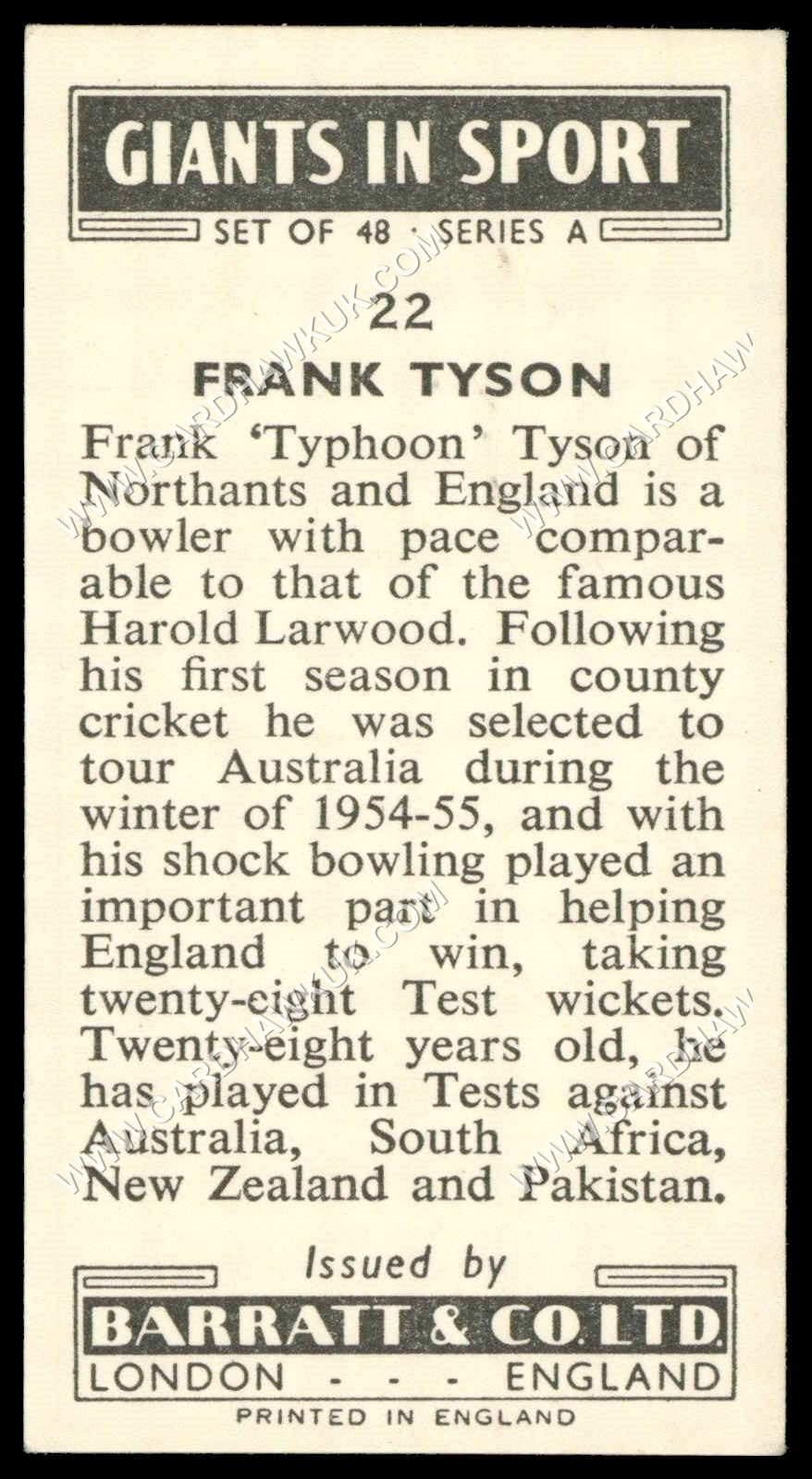 Barratt - 'Giants in Sport' #22 - Frank Tyson (Cricket) (1959) Barratt - 'Giants in Sport' #22 - Frank Tyson (Cricket) (1959)