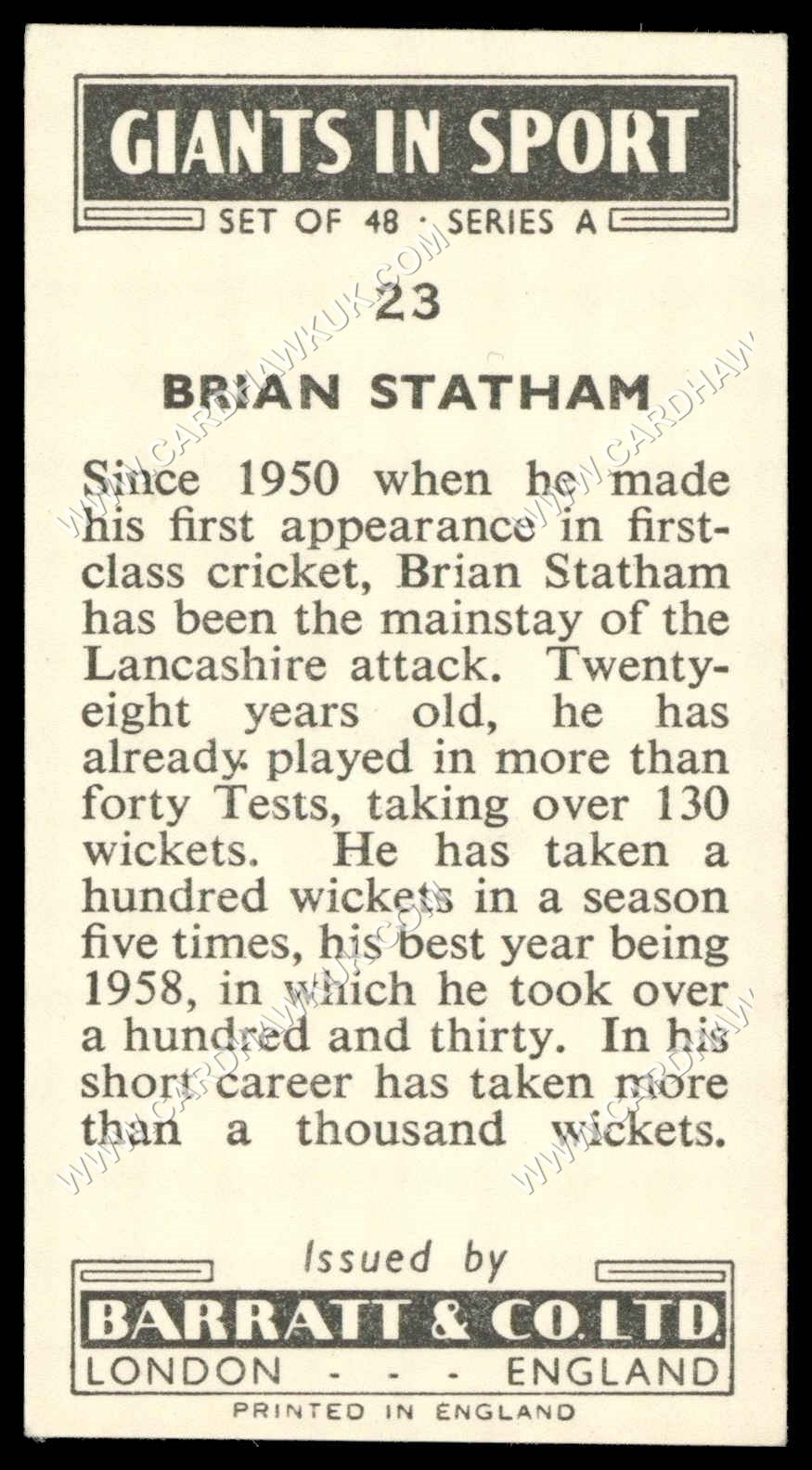 Barratt - 'Giants in Sport' #23 - Brian Statham (Cricket) (1959) Barratt - 'Giants in Sport' #23 - Brian Statham (Cricket) (1959)