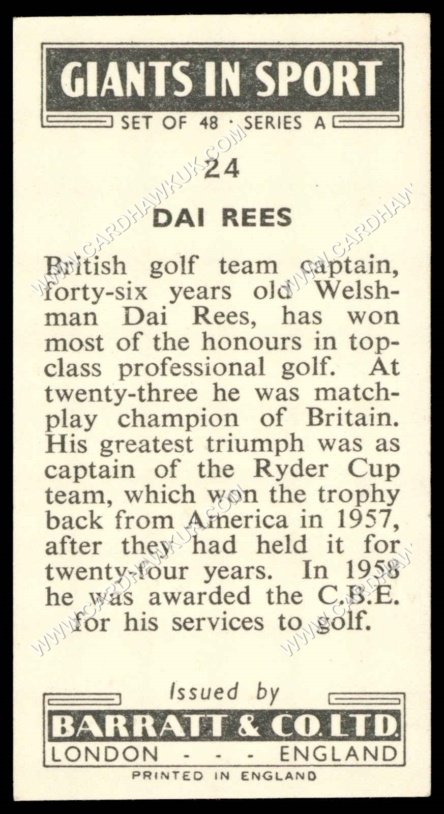 Barratt - 'Giants in Sport' #24 - Dai Rees (Golf) (1959) Barratt - 'Giants in Sport' #24 - Dai Rees (Golf) (1959)