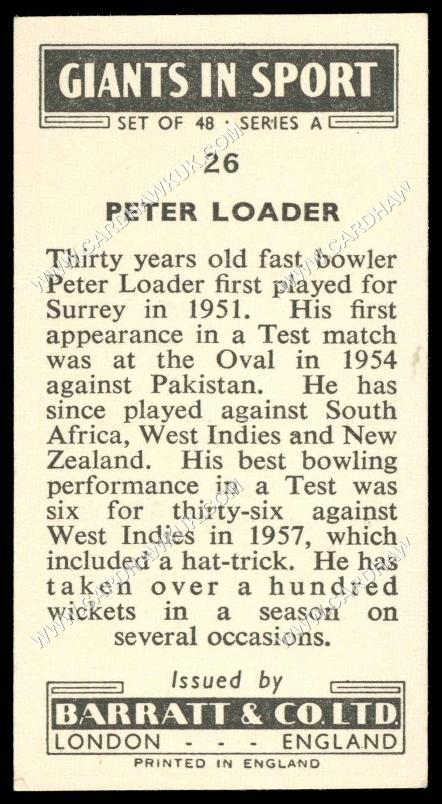 Barratt - 'Giants in Sport' #26 - Peter Loader (Cricket) (1959) Barratt - 'Giants in Sport' #26 - Peter Loader (Cricket) (1959)