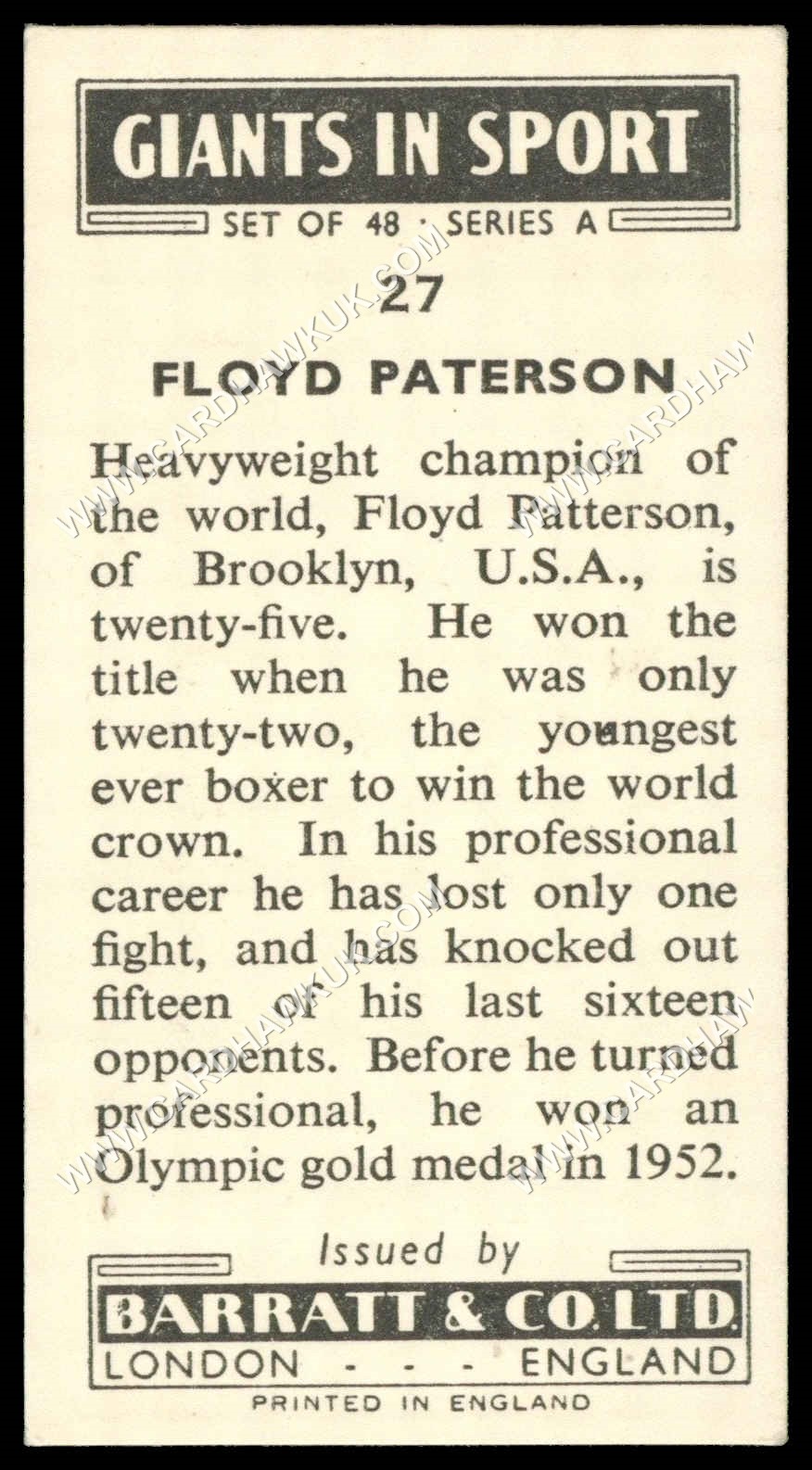 Barratt - 'Giants in Sport' #27 - Floyd Paterson (Boxing) (1959) Barratt - 'Giants in Sport' #27 - Floyd Paterson (Boxing) (1959)