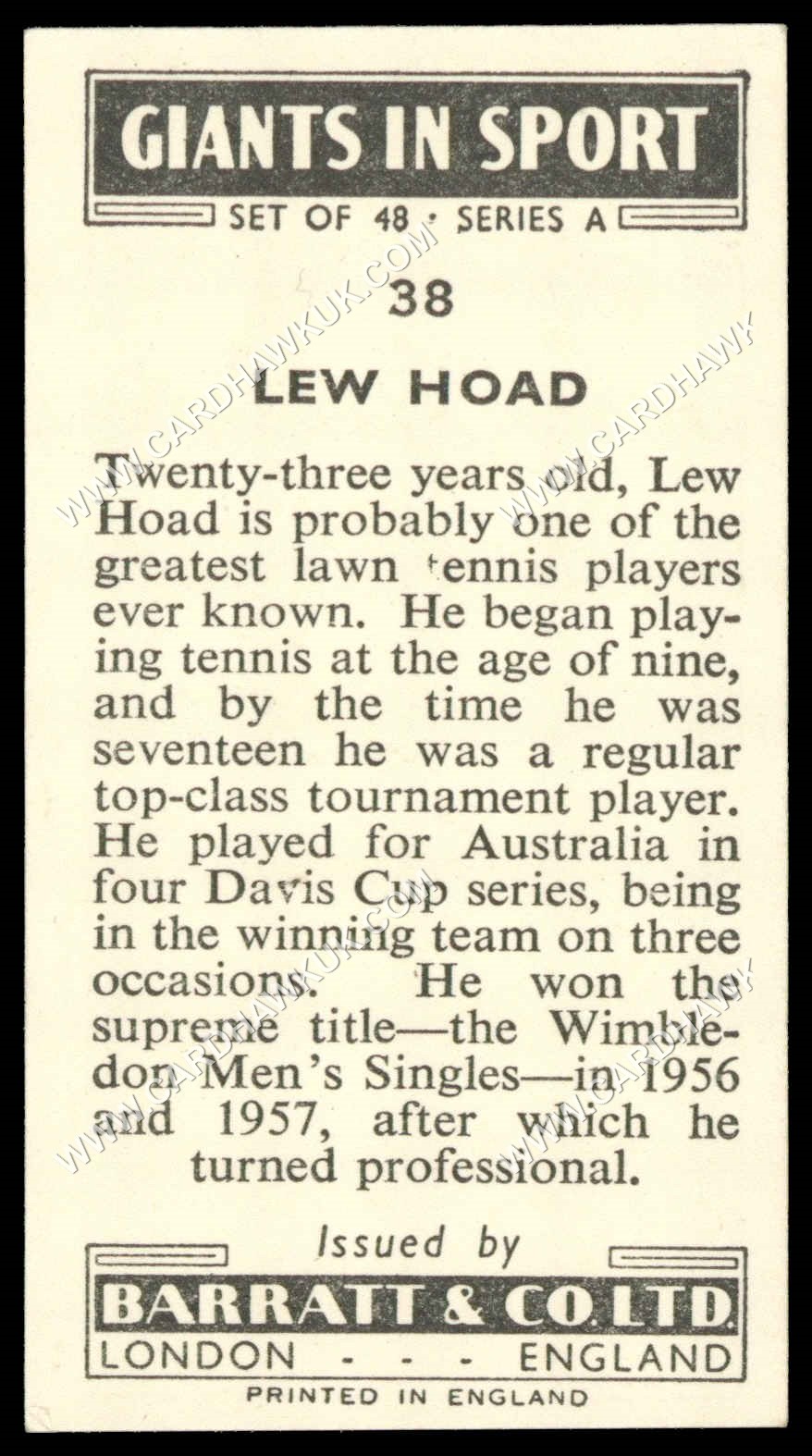 Barratt - 'Giants in Sport' #38 - Lew Hoad (Tennis) (1959) Barratt - 'Giants in Sport' #38 - Lew Hoad (Tennis) (1959)