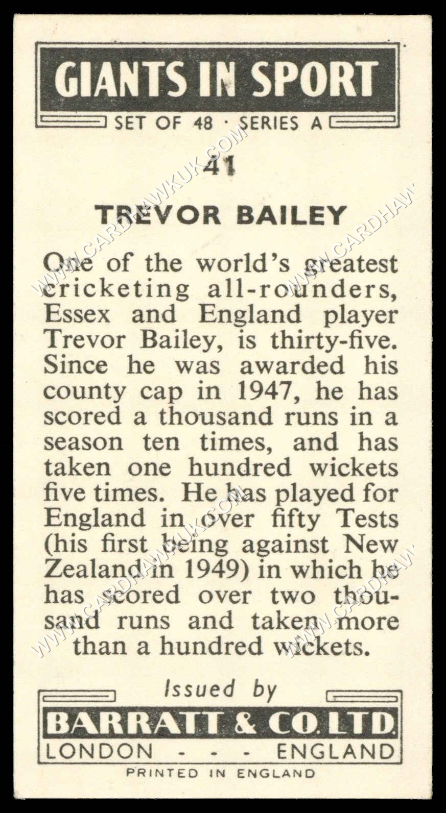 Barratt - 'Giants in Sport' #41 - Trevor Bailey (Cricket) (1959) Barratt - 'Giants in Sport' #41 - Trevor Bailey (Cricket) (1959)