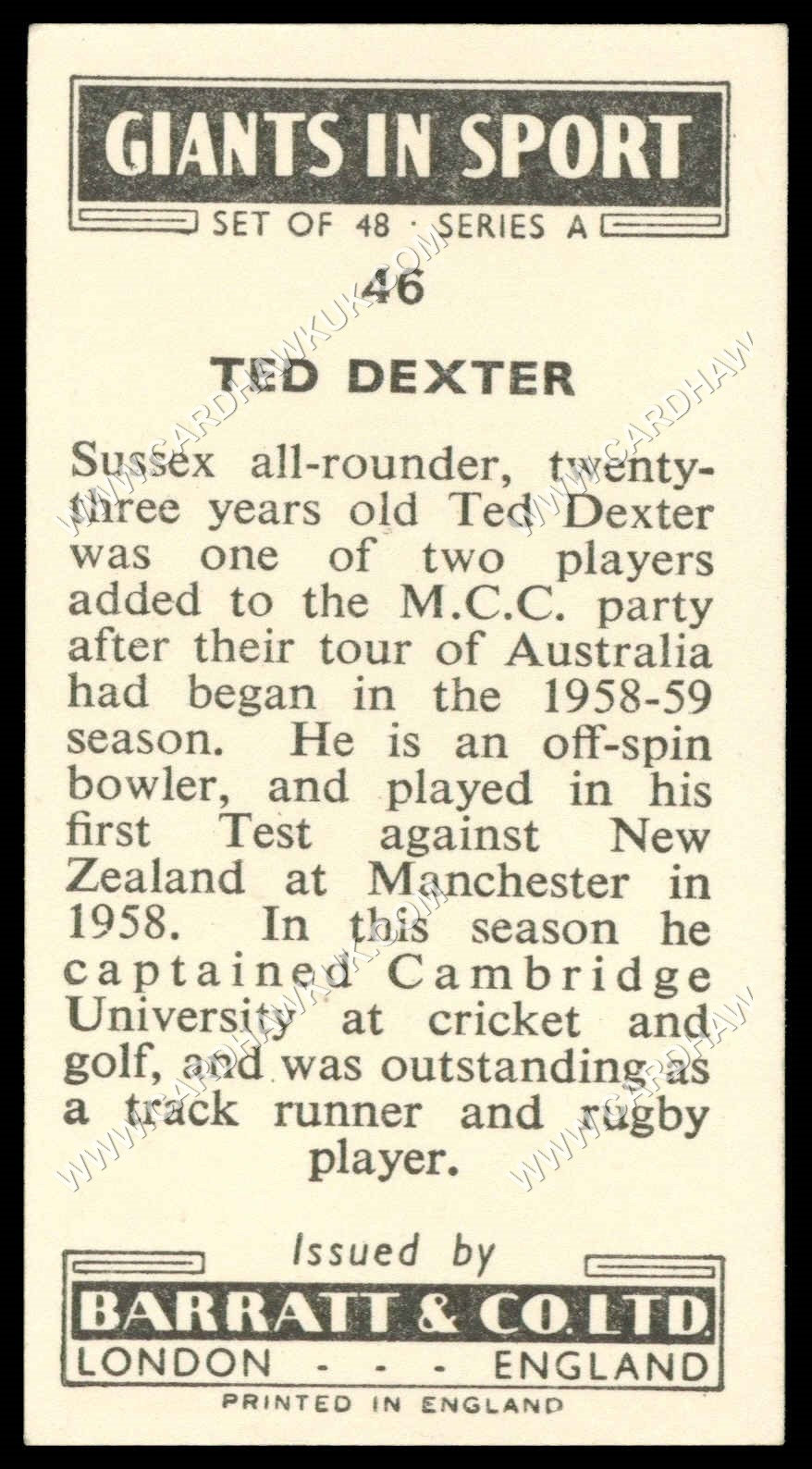 Barratt - 'Giants in Sport' #46 - Ted Dexter (Cricket) (1959) Barratt - 'Giants in Sport' #46 - Ted Dexter (Cricket) (1959)